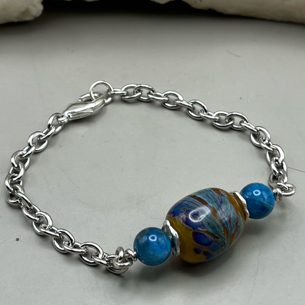 Handcrafted Silver and Blue Beaded Artisan Bracelet-Genuine Apatite Beads